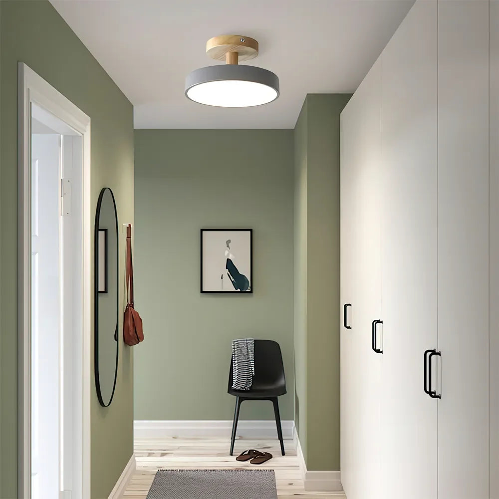 12W LED Flush Mount Light Wood & Green Finish for Bedroom Hallway Small Rooms Modern Scandinavian Style Ceiling Fixture 32-108 sq ft