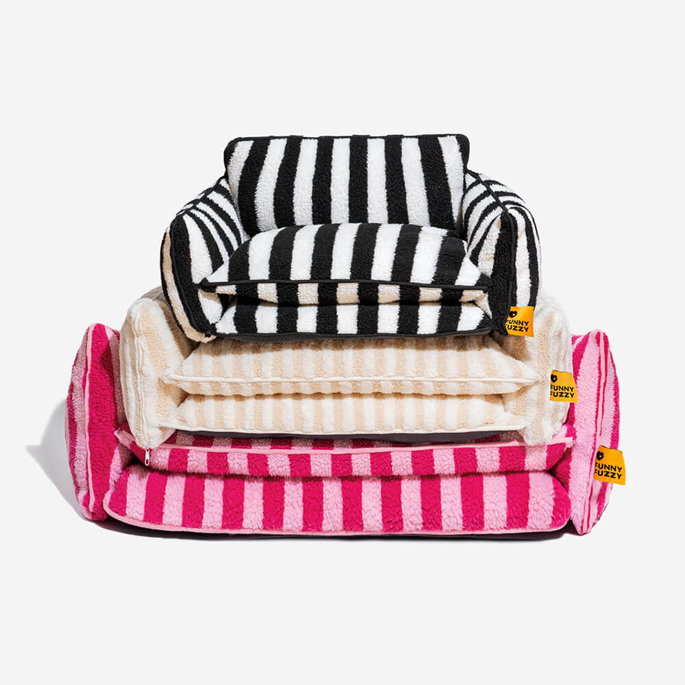 Plush Pet Couch with Washable Cover - Dual-Layer Cushioned Lounger for Dogs & Cats - Striped Fleece Nap Spot