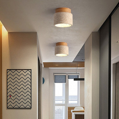 Flush Mount Stone & Wood Light Fixture 10 in Round Natural Beige for Low Ceilings Bedroom Entryway Cozy Overhead Lighting E26 Base