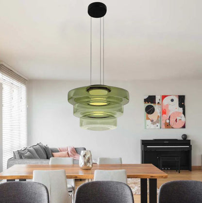 Tiered Glass Hanging Fixture 18 in Amber with Integrated LED for Island Kitchens Dining Areas Living Spaces Modern Minimalist Bauhaus-Inspir