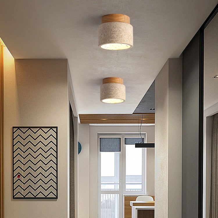 Lámpara de techo empotrada de piedra natural con detalle de madera, base E26, para dormitorio, entrada y sala de estar, accesorio de perfil bajo, iluminación ambiental superior
