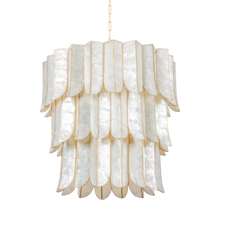 Tiered Shell Chandelier with Cascading Panels in Antique Gold 7-Light Fixture for Living & Dining Room