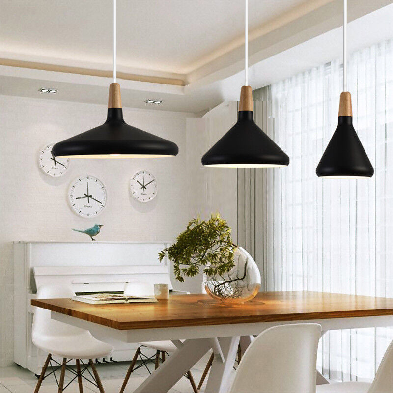 Hanging Ceiling Light Fixture Wire-Suspended E27 Socket Natural Wood Accent Modern Minimalist Style for Kitchen Island Dining Table Living R