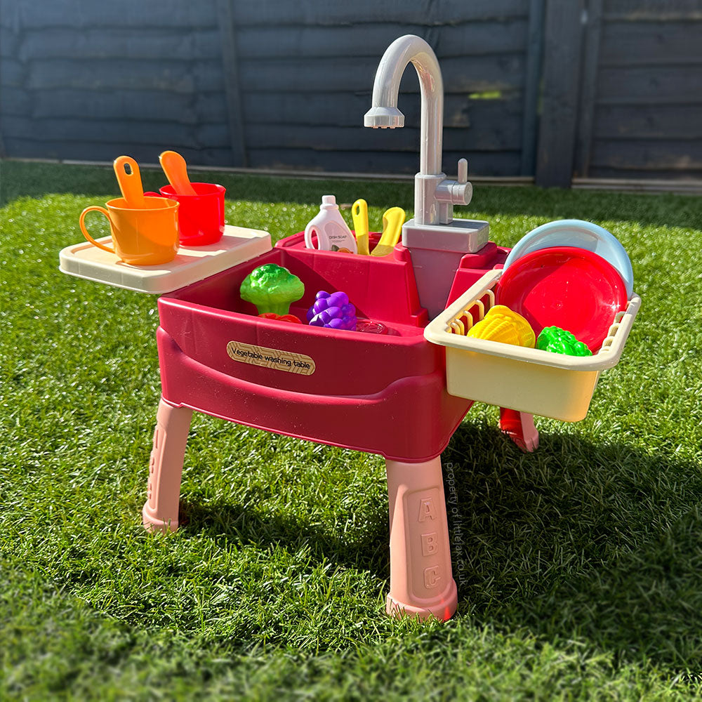 Fregadero de juguete para niños con grifo funcional, juego de fregadero de cocina con 19 accesorios para juegos de imitación