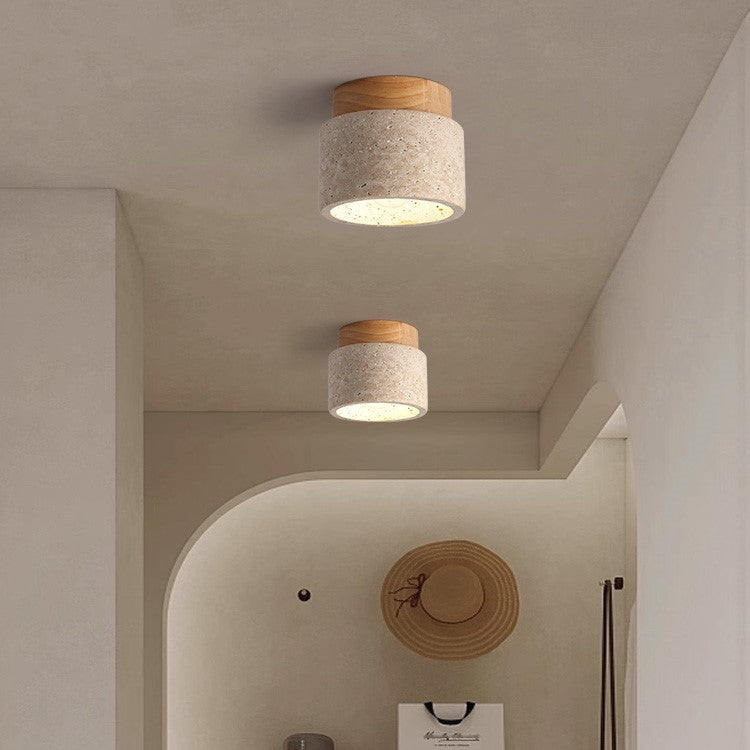 Flush Mount Stone & Wood Light Fixture 10 in Round Natural Beige for Low Ceilings Bedroom Entryway Cozy Overhead Lighting E26 Base