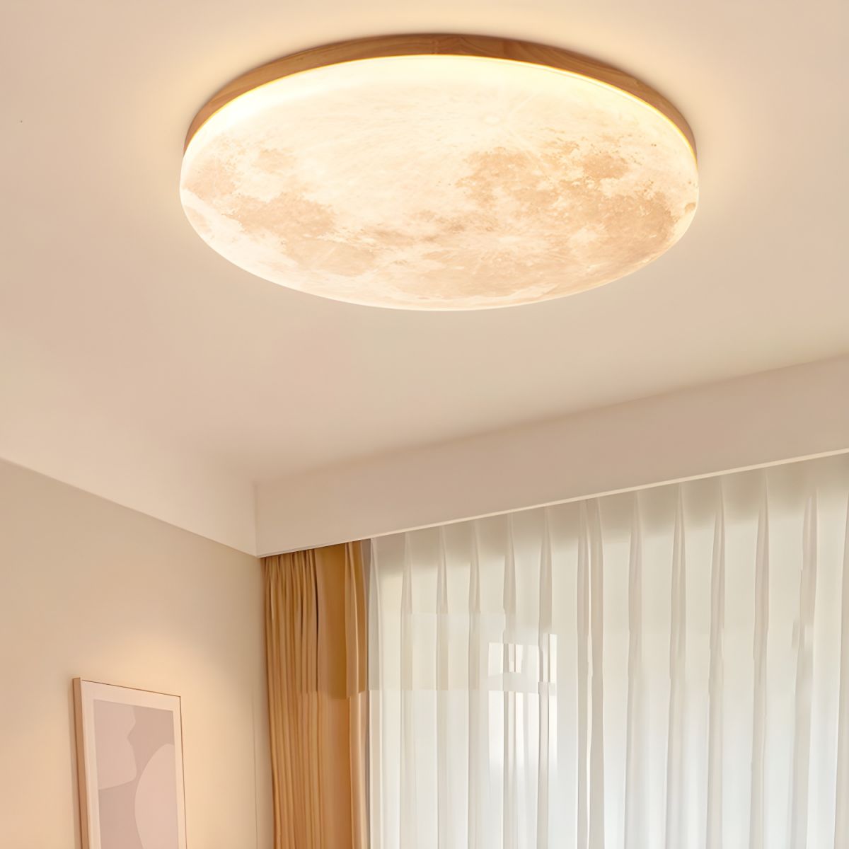 Round Flush Mount LED Ceiling Light with Lunar Surface Design Wood & Acrylic 19 in Diameter for Bedrooms Living Rooms Hallways Modern Ambien
