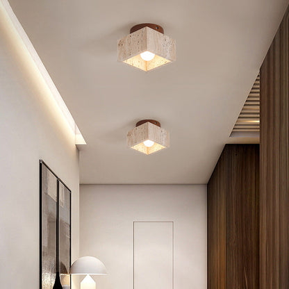 Lámpara de techo empotrada de piedra natural con detalle de madera, base E26, para dormitorio, entrada y sala de estar, accesorio de perfil bajo, iluminación ambiental superior
