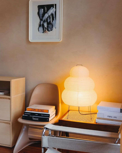 Handcrafted Paper Shade Accent Lamp 10 in Wide Warm Glow LED Bedside Nightlight for Bedroom Office Desktop Reading Nook Minimalist Japanese