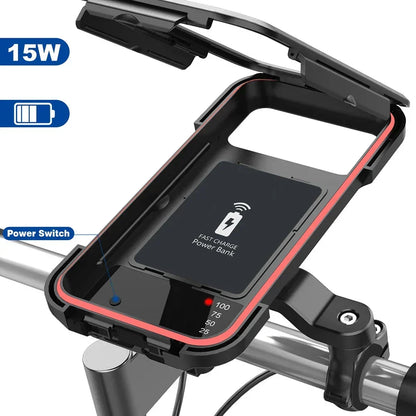 Waterproof Bike Phone Mount with Wireless Charging & 5000mAh Power Bank for E-Bikes & Motorcycles