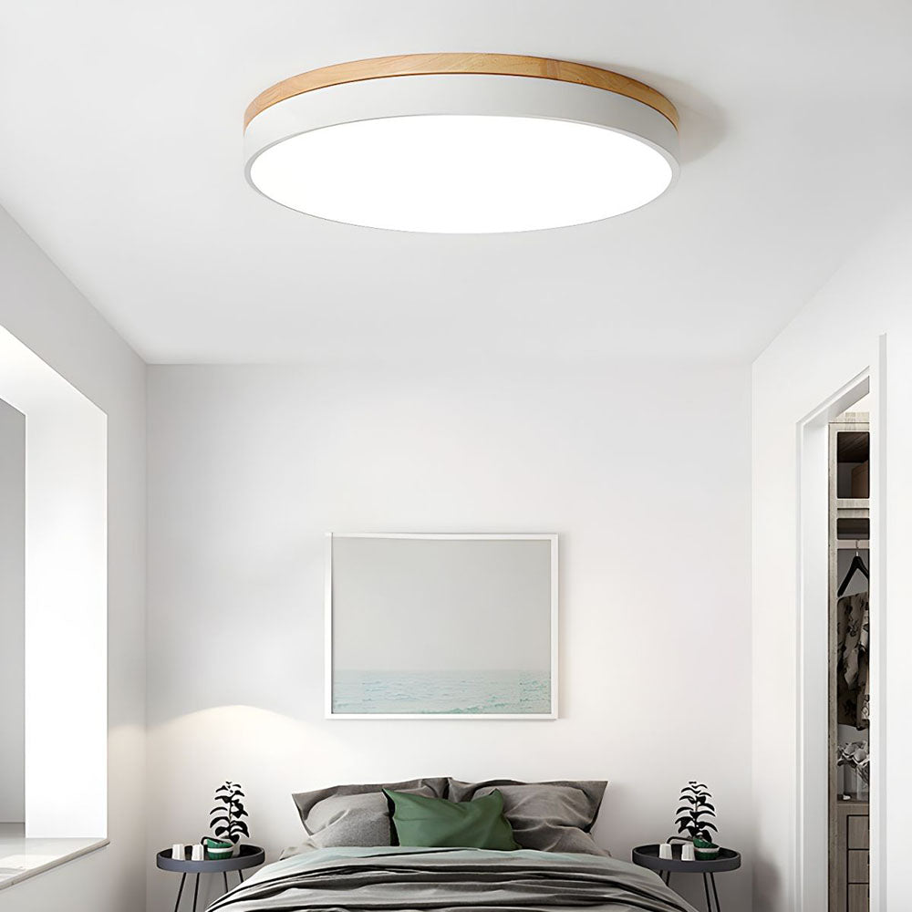Round Wood Flush Mount LED Ceiling Light 3-Color Dimmable Scandinavian Style for Living Room Bedroom Kitchen