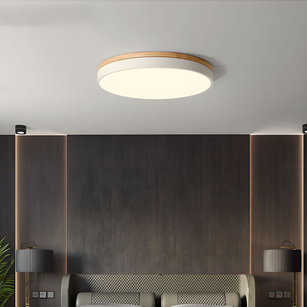 Round Wood Flush Mount LED Ceiling Light 3-Color Dimmable Scandinavian Style for Living Room Bedroom Kitchen