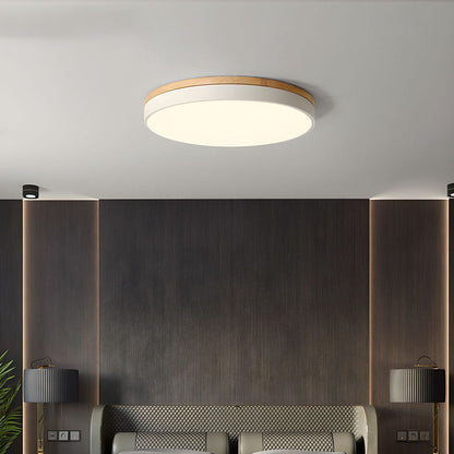Round Wood Flush Mount LED Ceiling Light 3-Color Dimmable Scandinavian Style for Living Room Bedroom Kitchen