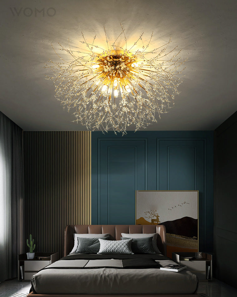 Lámpara de techo de montaje empotrado con diseño de diente de león de cristal: accesorio de 16 pulgadas en dorado y plateado para dormitorio, pasillo y baño