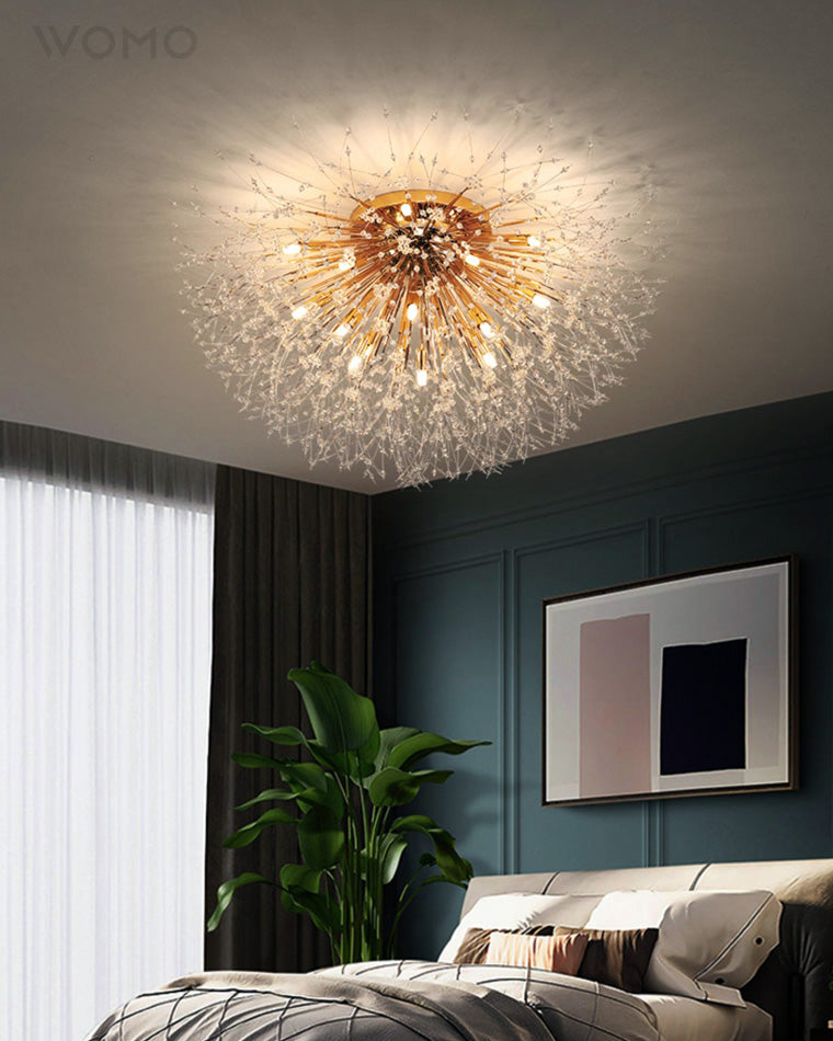 Lámpara de techo de montaje empotrado con diseño de diente de león de cristal: accesorio de 16 pulgadas en dorado y plateado para dormitorio, pasillo y baño