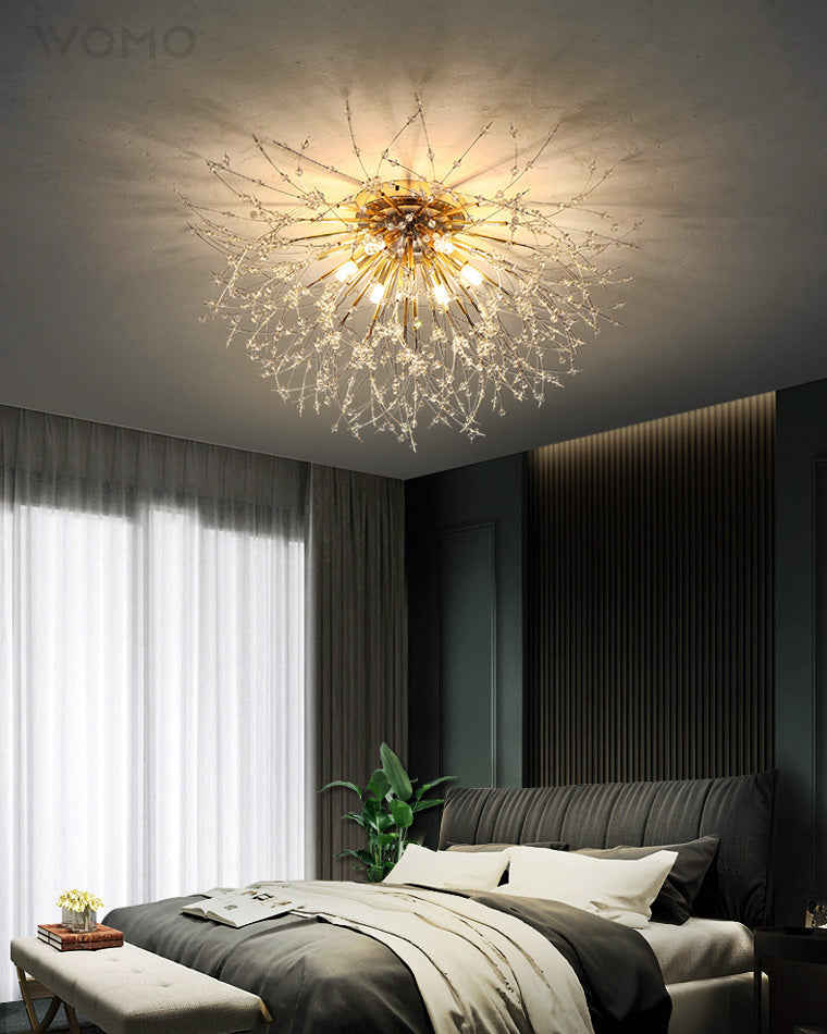 Lámpara de techo de montaje empotrado con diseño de diente de león de cristal: accesorio de 16 pulgadas en dorado y plateado para dormitorio, pasillo y baño