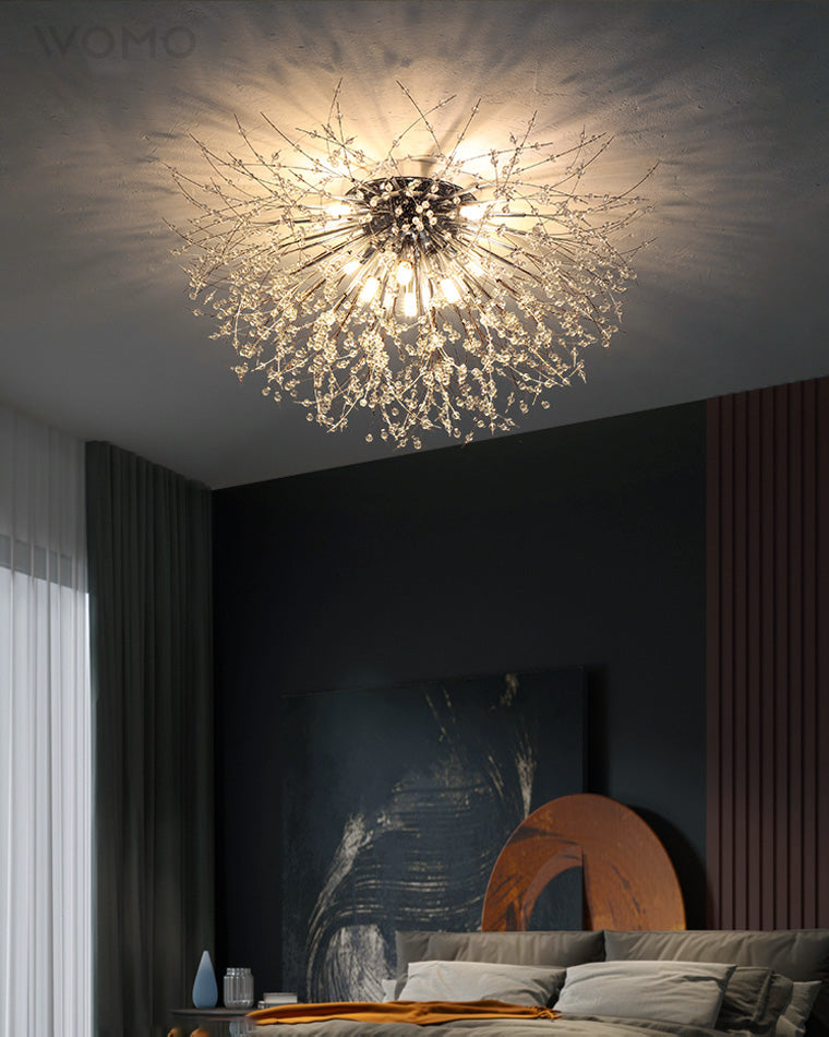 Lámpara de techo de montaje empotrado con diseño de diente de león de cristal: accesorio de 16 pulgadas en dorado y plateado para dormitorio, pasillo y baño