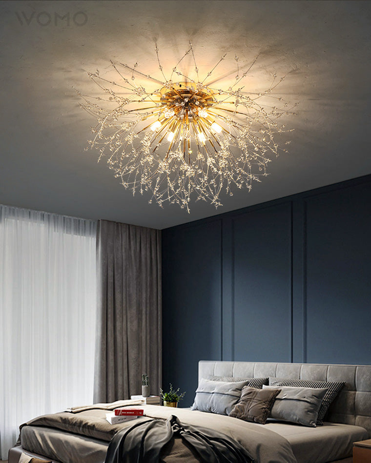 Lámpara de techo de montaje empotrado con diseño de diente de león de cristal: accesorio de 16 pulgadas en dorado y plateado para dormitorio, pasillo y baño