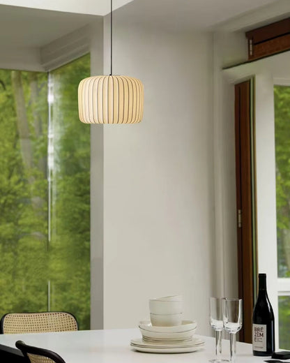 Fabric Drum Shade Hanging Light 22-Inch Neutral Tone for Dining Room Kitchen Island Modern Japandi Style E27 Socket
