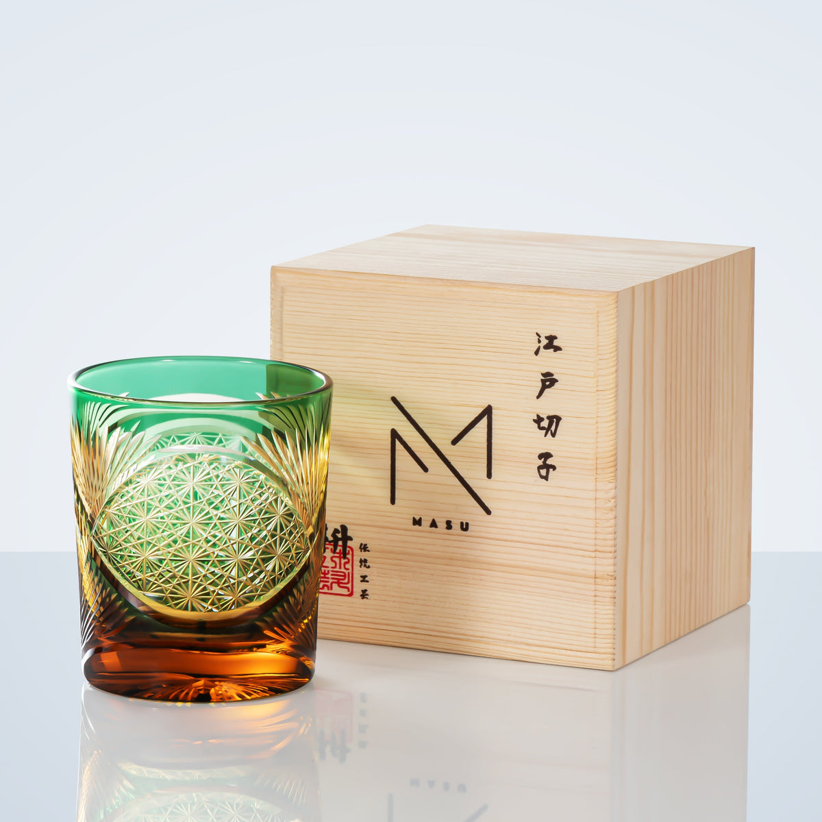 Hand-Cut Crystal Lowball Glass with Etched Crane Motif in Warm Amber Finish for Bourbon Scotch Cocktails Spirits Tasting Home Bar Display El
