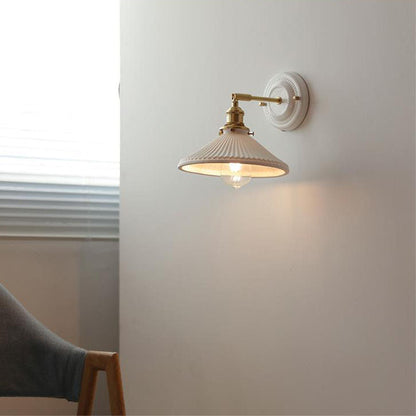Pleated Shade Wall Sconce Lamp with Brass Arm for Bedroom Living Room & Study | Retro Japanese Style Ceramic Fixture