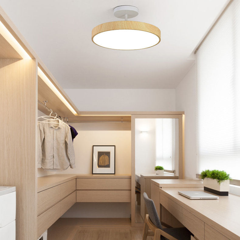 Round Iron Ceiling Light with Wood Grain Finish - Integrated LED Semi-Flush for Bedroom, Living Room & Hallway