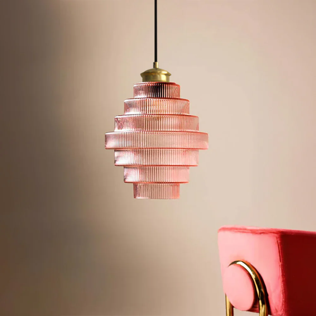 Tiered Glass Shade Ceiling Drop Light with Metallic Trim for Kitchen Islands & Eating Areas
