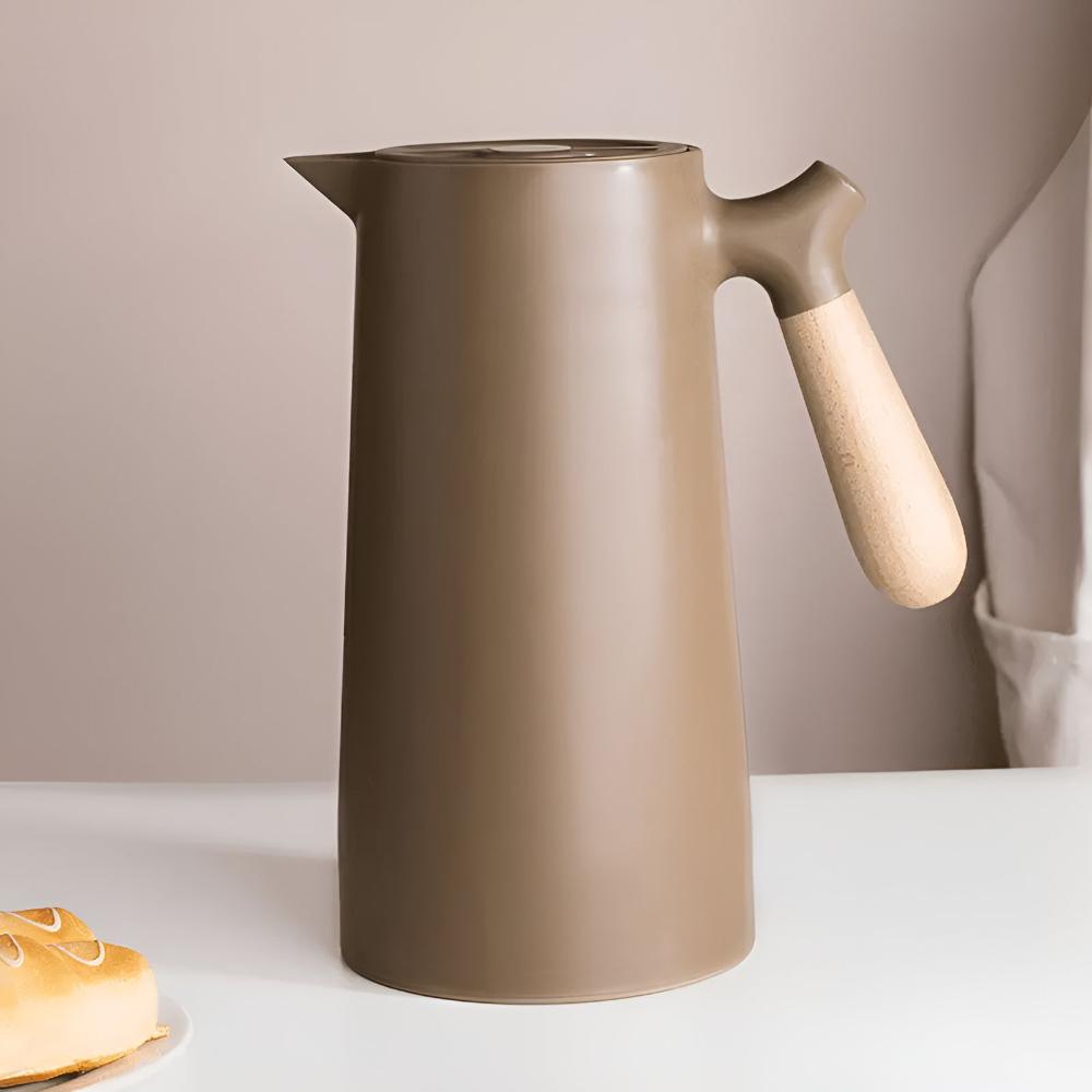 Vacuum Insulated Thermal Carafe 34 oz with Wood Grip – Drip-Free Spout for Coffee & Tea – Home Kitchen & Office