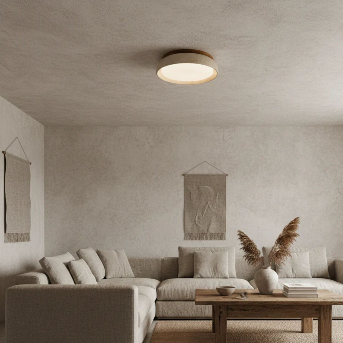 Flush Mount LED Overhead Light with Natural Stone & Wood Accents for Bedrooms, Hallways & Low Ceilings – Warm 3000K Glow, Scandinavian Minim