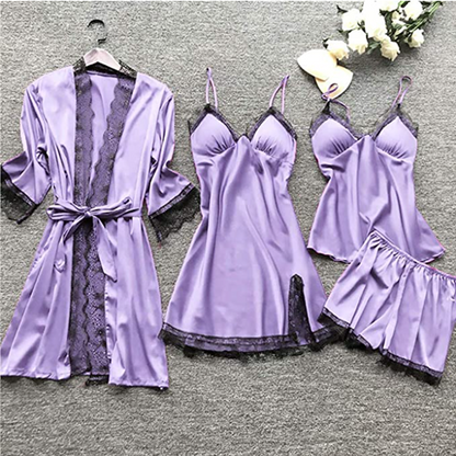 Women's Satin Pajama Set 4-Piece Robe Cami Shorts & Pants with Lace Trim for Bedroom Loungewear Sleepwear Nightwear Gift