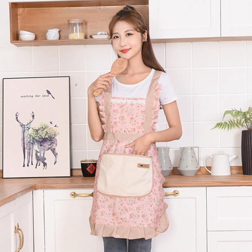 Delantal de cocina de algodón con estampado floral y bolsillos: delantal de cocina impermeable y resistente al aceite para mujer: delantal de chef ajustable para el hogar y restaurantes