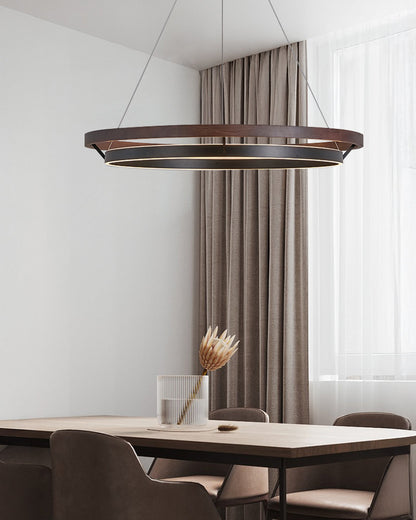 Circular Wood Ring Chandelier with LED Lighting 24-47 Inches Adjustable Height Farmhouse Dining Room Kitchen Island Ceiling Fixture
