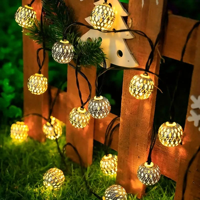 Moroccan Metal Globe String Lights Solar Powered Outdoor Patio Decor 20-30 Warm White LED Orbs Bohemian Weatherproof Garden Balcony