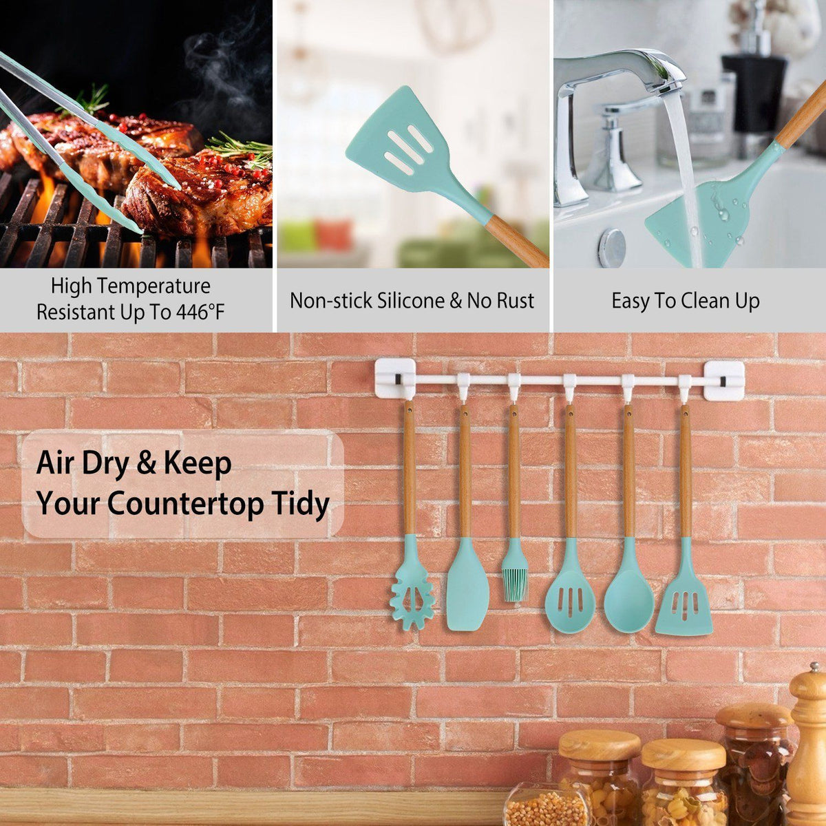 11-Piece Heat-Resistant Cooking Tool Set with Wood Handles & Holder for Nonstick Cookware