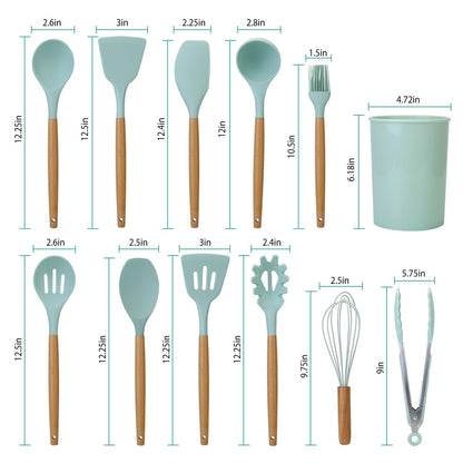 11-Piece Heat-Resistant Cooking Tool Set with Wood Handles & Holder for Nonstick Cookware