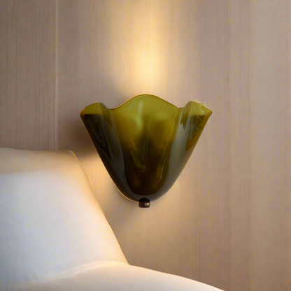 Shell-Inspired Glass Sconce 11 Inch Wide Vintage Iron Bedside Fixture Warm Ambient Hallway Lighting E14 Base Brown Green Beige Tinted Shade