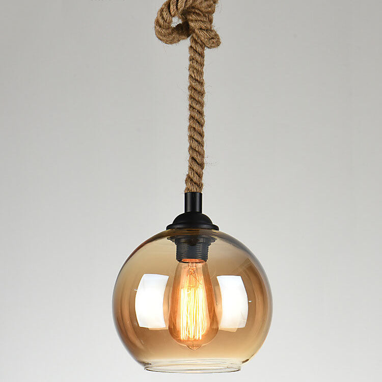 Hanging Ceiling Light Fixture Glass Shade Rope Accent E26 Socket Adjustable Height for Entryway Bedroom Living Space Contemporary Farmhouse
