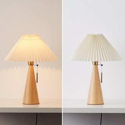 Wooden Bedside Lamp with Pleated Shade 14 in Dimmable Fabric Accent Light for Bedroom Living Room Reading Nook Japandi Scandinavian Decor