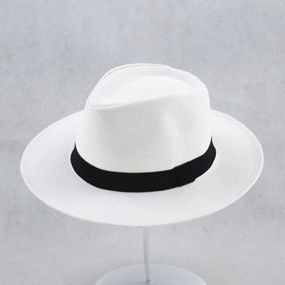 Sombrero Fedora de paja con protección UPF 50+, ala con alambre y banda de cuero para hombre y mujer