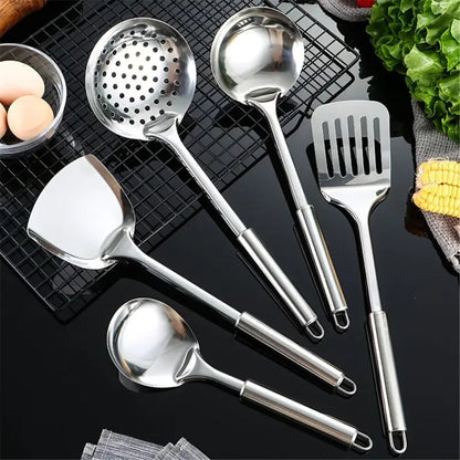 Kitchen Utensil Set Stainless Steel 5-Piece Kit Spatula Ladle Skimmer Tools Heat Resistant Professional Chef Cookware for Home Restaurant