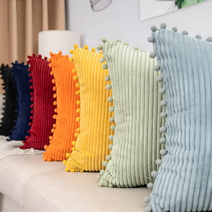 Plynn Ribbed Cushion Cover - Plush Fabric with Pom-Pom Accents