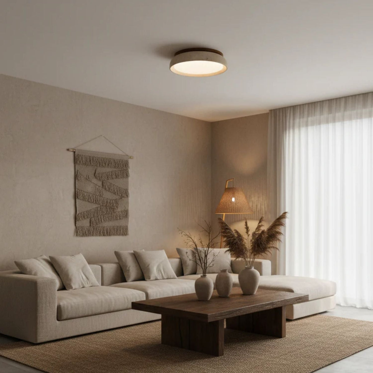 Flush Mount LED Light Fixture Stone Wood Acrylic Warm Glow for Bedroom Living Room Hallway Low Profile Modern Minimalist Scandinavian Japand