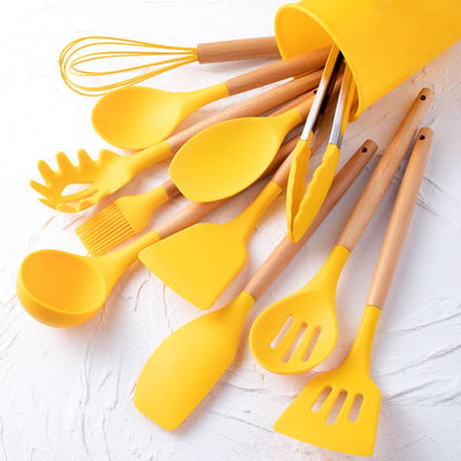 12-Piece Silicone Kitchen Utensil Set with Wooden Handles – Heat Resistant to 446°F, Dishwasher Safe, BPA-Free Cooking Tools