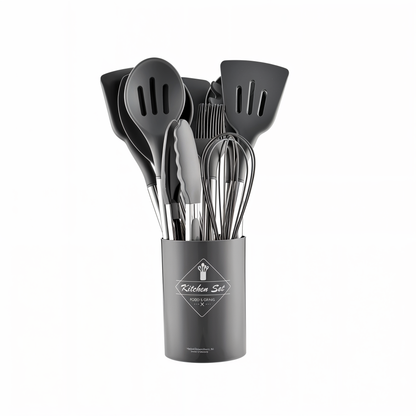Silicone Cooking Utensil Set 12-Piece with Stainless Steel Handles and Countertop Holder for Home Kitchen Prep Stirring Whisking Serving