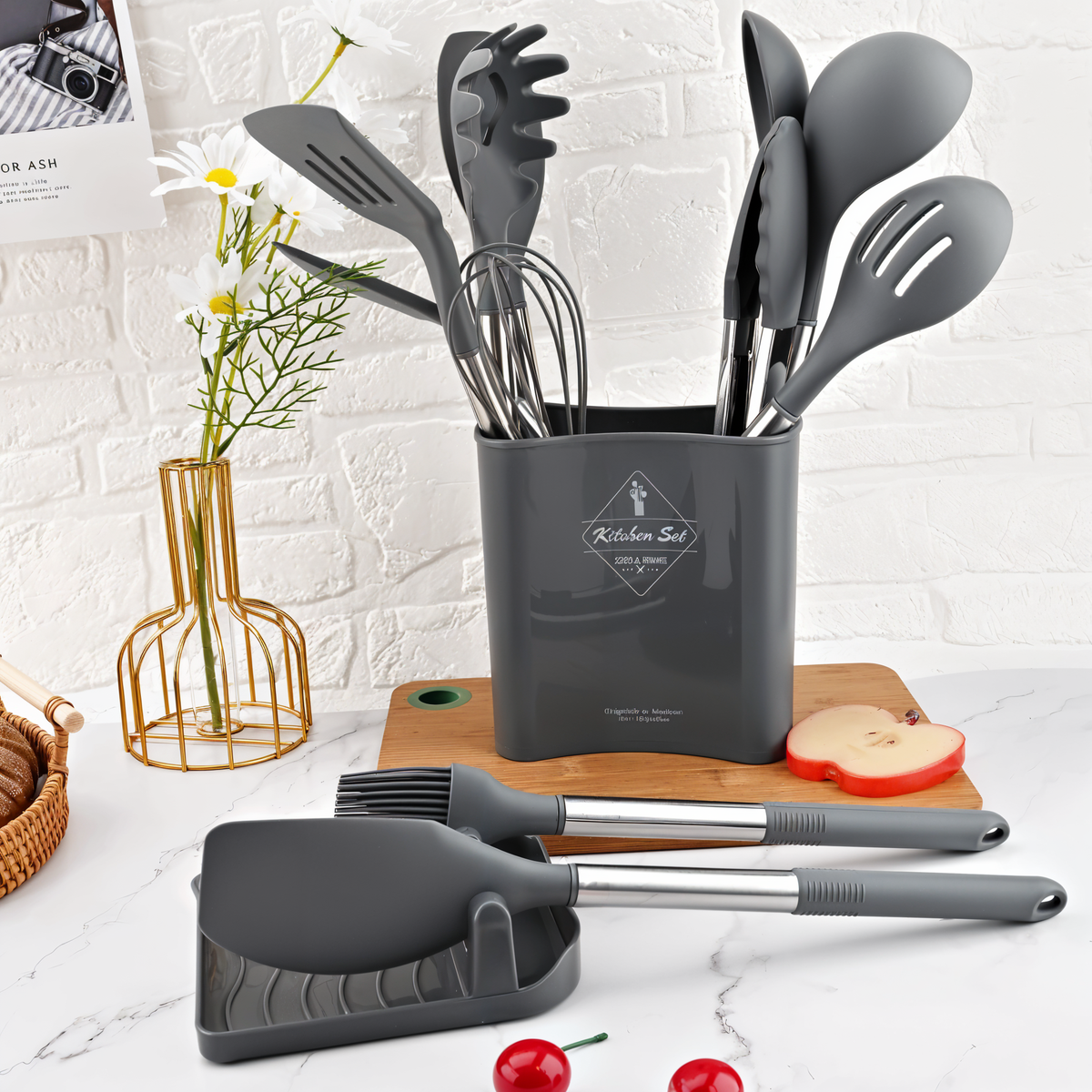 Silicone Cooking Utensil Set 12-Piece with Stainless Steel Handles and Countertop Holder for Home Kitchen Prep Stirring Whisking Serving