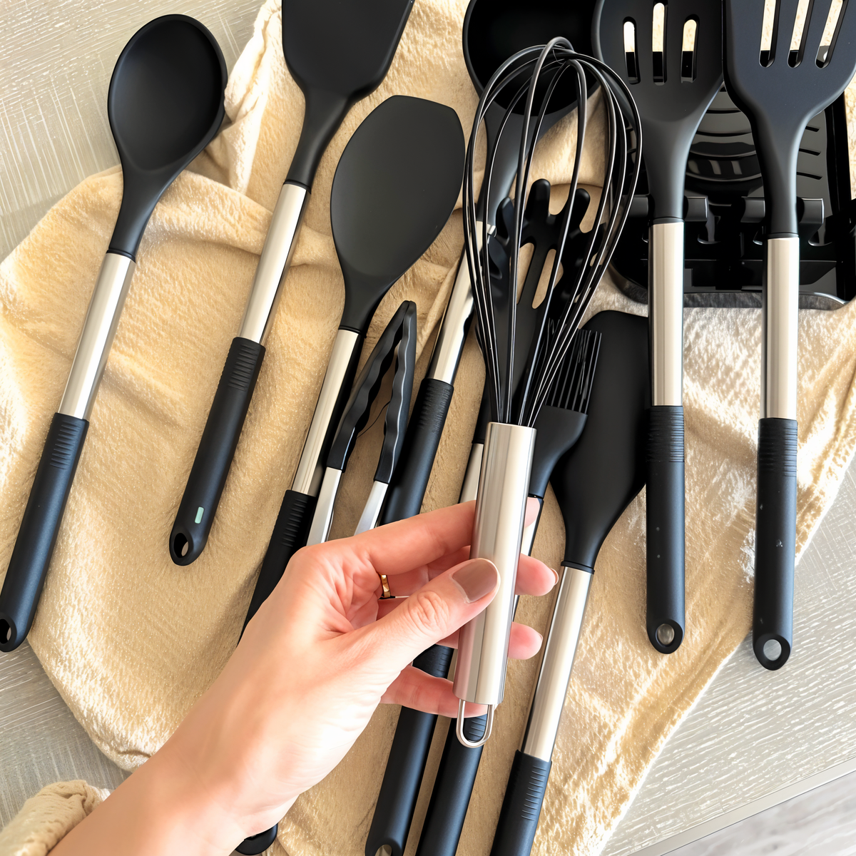 Silicone Cooking Utensil Set 12-Piece with Stainless Steel Handles and Countertop Holder for Home Kitchen Prep Stirring Whisking Serving