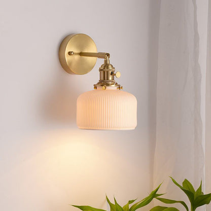 Ceramic Wall Sconce with Geometric Metal Mount – White Hardwired Fixture for Bedroom, Hallway & Bath