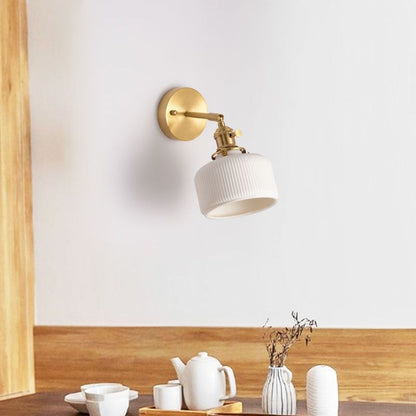 Ceramic Wall Sconce with Geometric Metal Mount – White Hardwired Fixture for Bedroom, Hallway & Bath