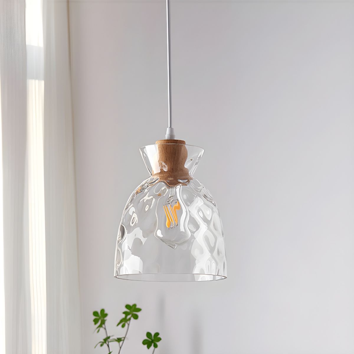 Wood & Glass Drop Light for Counter | Adjustable Height Cord Fixture with Clear Textured Shade | Nordic Style