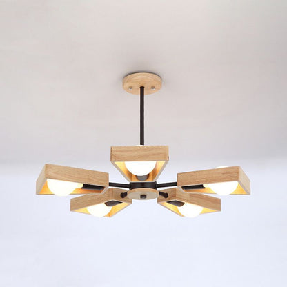 Sputnik Chandelier with Wood Accents - Mid-Century Modern Ceiling Light for Living Room & Dining Room - Geometric Metal Frame Design