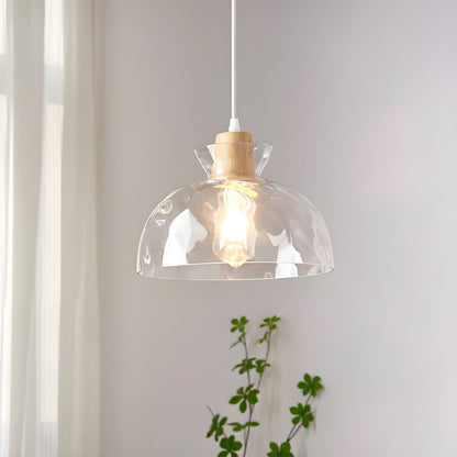 Wood & Glass Drop Light for Counter | Adjustable Height Cord Fixture with Clear Textured Shade | Nordic Style